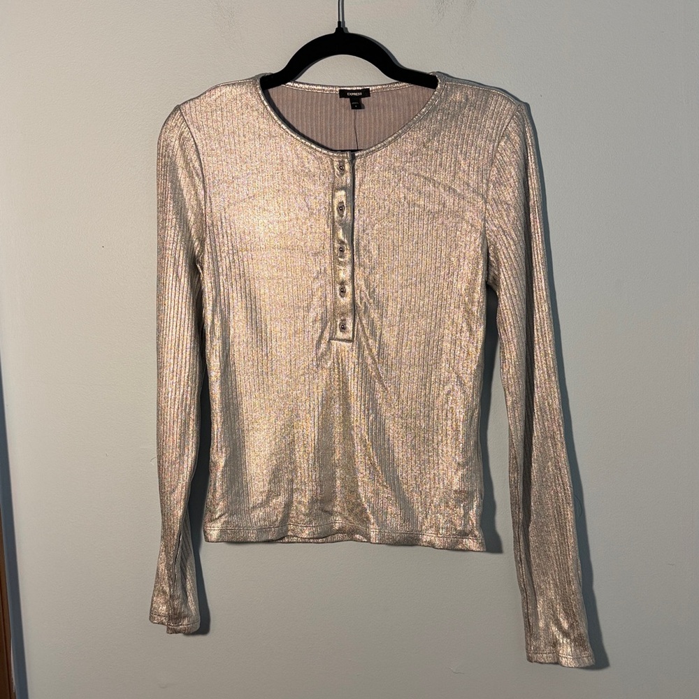 Express Long Sleeve Henley Top Silver Metallic
